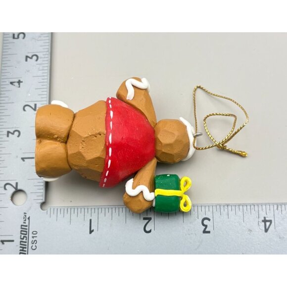 Vintage Gingerbread Man Christmas Tree Ornament Holding Gift Carved Clay Style - Picture 3 of 8